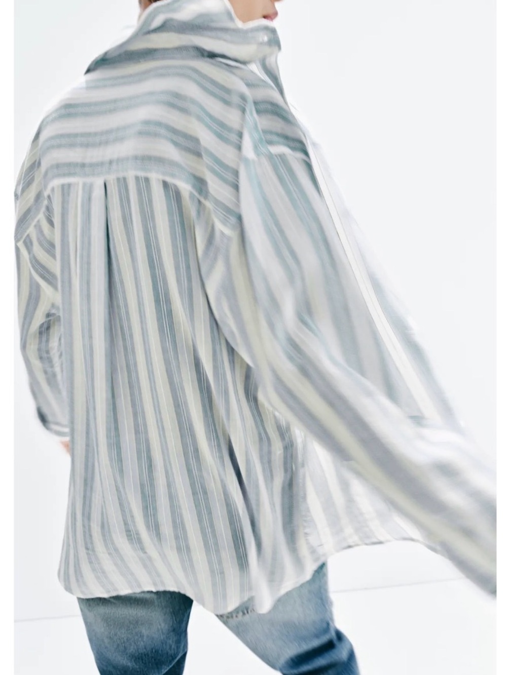 ZARA Striped Linen-Blend Button-Up Shirt in Light Blue & White - Picture 3 of 7